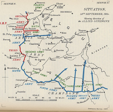 Map of the plan for the Allied Offensive in France showing the situation on September 24, the eve of the infantry assault. An Anglo-French would attack eastward in Artois (with the British at Loos) as the French attacked northwards in Champagne. From 