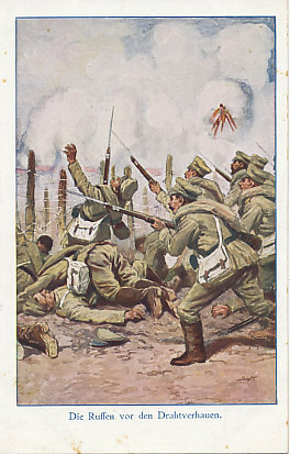 Russian troops stopped by barbed wire.
Text:
Die Russen vor den Drahtverhauen
The Russians in front of the barbed wire
Reverse:
Wohlfahrts-Postkarte
Der Reinertrag dient zum besten des deutsche Heeres
Der Auschuss:
Herzogin von Ratibor
Frau C. v Stumm, Frau Konf. Staudt
Dr. von Behr-Pinnow
Kammerherr S. M. des Kaisers
Kabinetsrat a. D. J. M. d. Kaiserin
J. Andreae, Bank-Director
Nr.  13
Verlag für Sozialpolitik, Berlin C19
Welfare Postcard
Net proceeds serve the best of the German Army
The Committee:
Duchess of Ratibor, 
Mrs C. von Stumm, Women's Conference Staudt,
Dr. von Behr-Pinnow, Chamberlain of His Majesty the Emperor, 
Cabinet Council retd. J. M. of the Empress
J. Andreae, Bank Director
No. 13
Publisher of Social Policy, Berlin C19